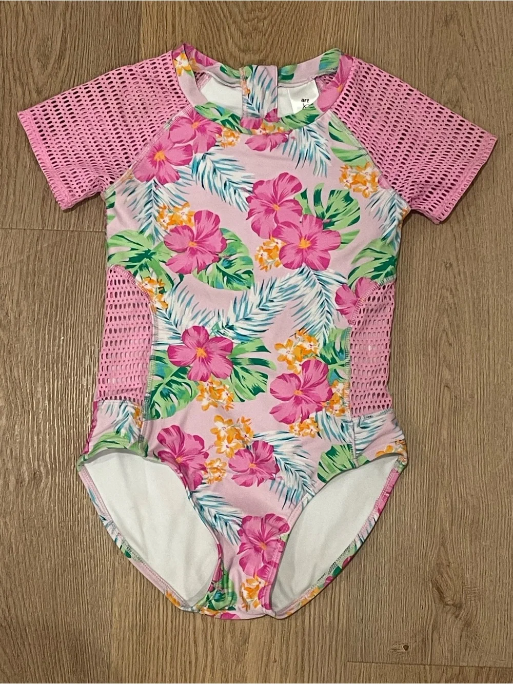 Girls Pink Floral Short-Sleeve Rash Guard One-Piece Swimsuit 10/12
